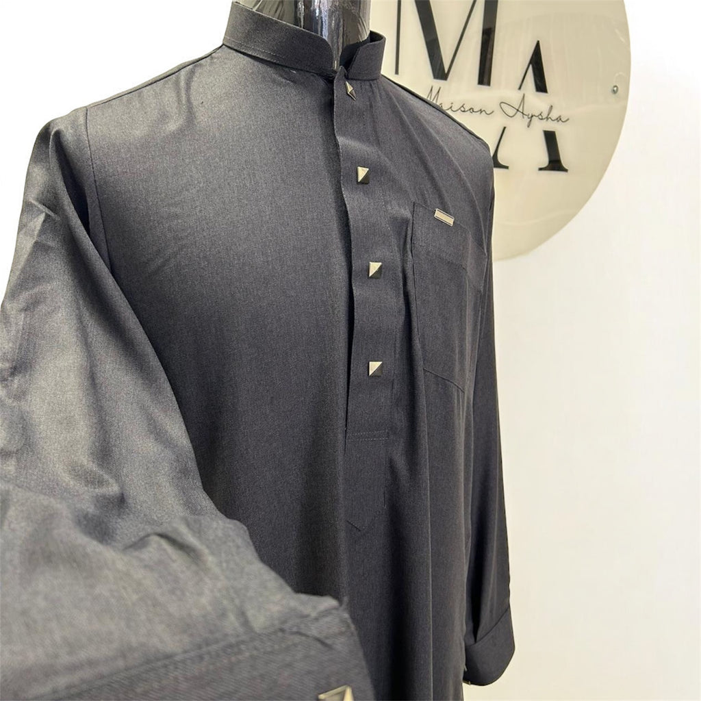 Qamis saoudien premium détail argenté - Bleu marine